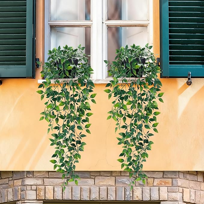 Waipfaru 2Pcs Fake Hanging Plants with Pot Deep Green Eucalyptus Leaves UV Resistant Fake Vines Ivy Artificial Plants Outdoor Faux Plants Indoor Bedroom Living Room Boho Wall Porch Shelf Decor Waipfaru