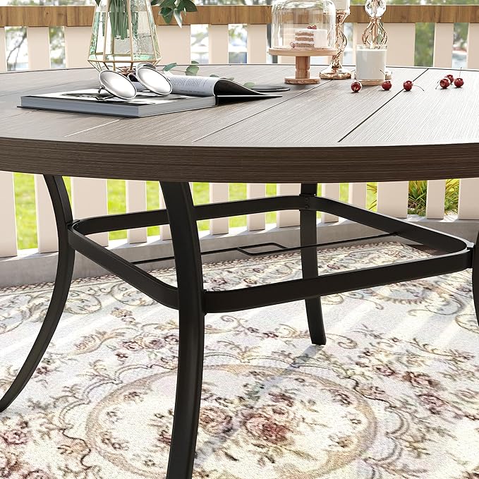 VICLLAX 60" Outdoor Round Patio Table for Lawn Garden, All Weather Metal Round Patio Dining Table with Adjustable Umbrella Hole, Outdoor Table for 8-10 Person, Grey Wood-Like Tabletop HOME