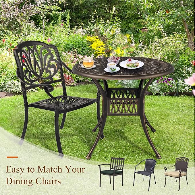 VINGLI 35.4' Dia Patio Dining Table with Umbrella Hole, Cast Aluminum Bistro Table for Outdoor Garden Use (35.4' Dia x 29.5' H) VINGLI
