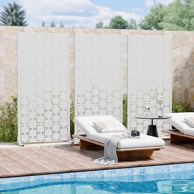 Casaphoria Metal Privacy Screen Outdoor, 72" H x 35" W Freestanding Decorative Privacy Screen for Patio Deck Balcony Garden with Stable Base, White-Square Casaphoria