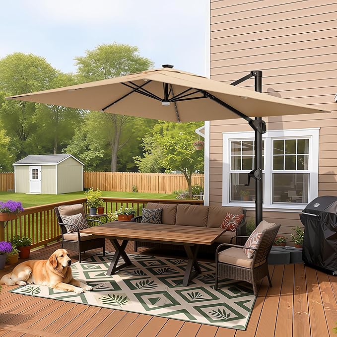 HOMSHADE 10 ft Square Cantilever Patio Umbrella with Base Included, Solar Lights Large Umbrella Outdoor Patio with 360°Rotation&Tilting, LED Lighted Offset Umbrellas w/Stand for Pool Deck HOMSHADE