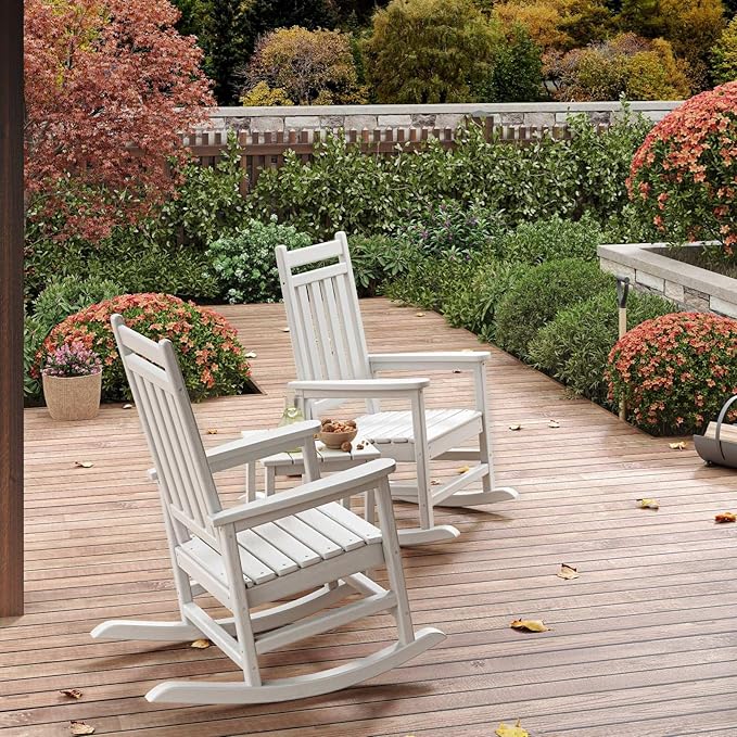 HDPE Rocking Chair Outdoor Set of 4 - Poly High Back Porch Rocker Chairs for Adults - All Weather Resistant Furniture for Patio Front Porch - White Garvee