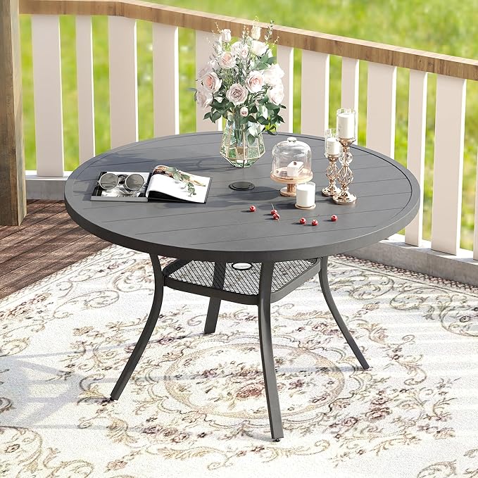 VICLLAX 41.2"x 28" Outdoor Round Patio Table for Lawn Garden, All Weather Metal Round Patio Dining Table with Adjustable Umbrella Hole, Patio Table for 4 Person, Grey Tabletop HOME