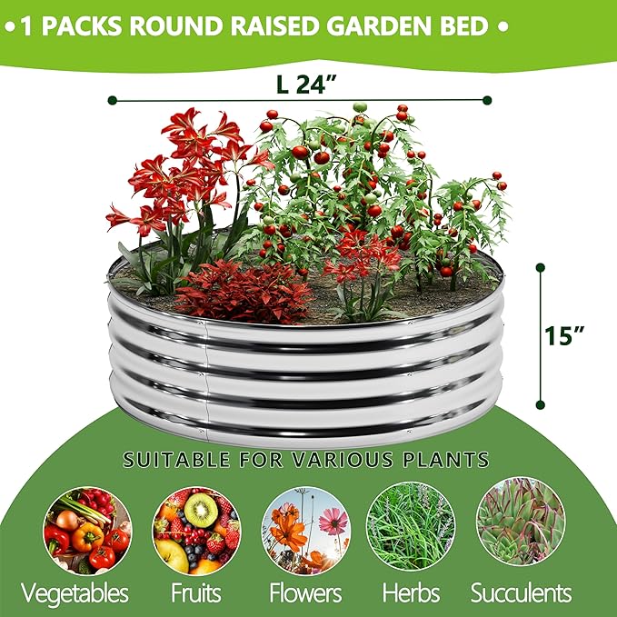 2x2x1.3FT Galvanized Raised Garden Bed Kit,Vegetable Boxes-Round Metal Flower Box,Large Planter Raised Beds Outdoor Garden for Planting,Fruit,Herb-Silver DIIYIV