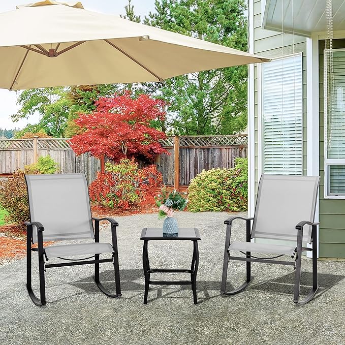 Vongrasig 3 Piece Outdoor Rocking Bistro Set, Textilene Fabric Small Patio Furniture Set, Front Porch Rocker Chairs Conversation Set with Glass Table for Lawn, Garden, Balcony, Poolside (Light Gray) Vongrasig