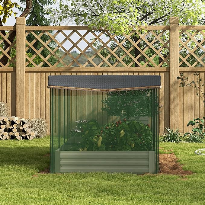 Outsunny 7.3 x 3.4 x 1 ft Galvanized Raised Garden Bed with Crop Cage Plant Protection Net and Shade Cloth Roof, Metal Planter Box with Cover for Vegetables, Flowers, Herbs, Beige Outsunny