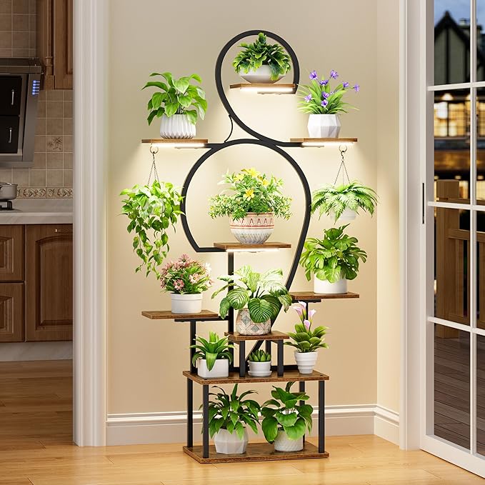 POZILAN Plant Stand Indoor with Grow Light - 9 Tiered 63" Tall Indoor Plant Shelf for Multiple Plants, Large Plant Shelf with Grow Light, Lighted Plant Stand for Indoor Plants POZILAN
