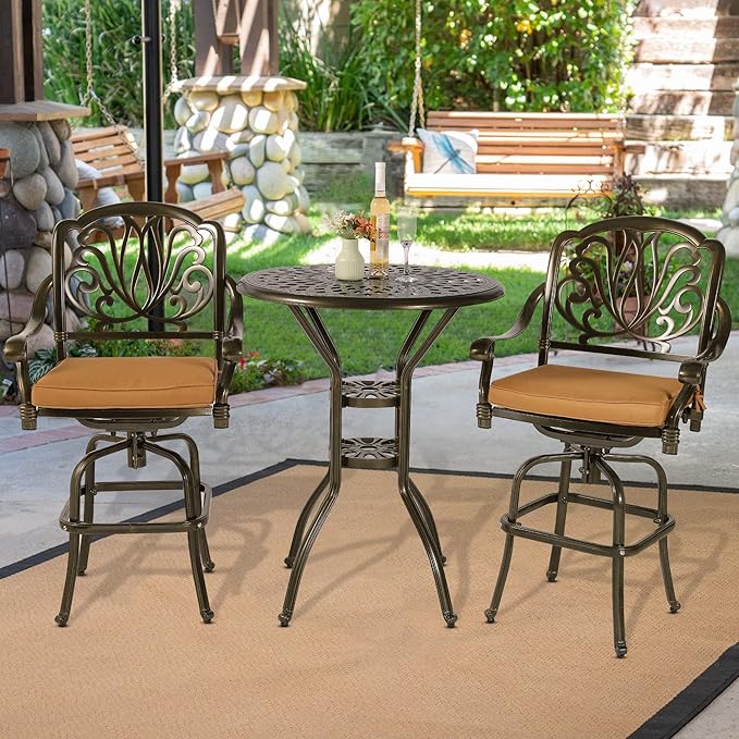 VIVIJASON 3-Piece Patio Swivel Bar Stools Set, All Weather Cast Aluminum Outdoor Bar Height Bistro Set with 2 Cushioned Bar Chairs & 31" High Bar Table w/Umbrella Hole for Backyard, Lawn, Garden VIVIJASON