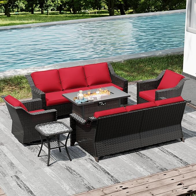Joyside Wicker Patio Furniture Sets, 6 Pieces Upgraded Large Size Outdoor Furniture with Swivel Rocking Patio Chairs, Two 3-Seat Sofa, Fire Table, Coffee Table, Thick Cushions, Wide Armrest, Red Joyside