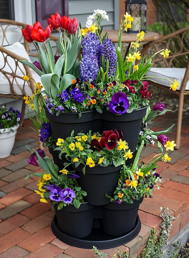 The HC Companies Terrace Planter 23” Vertical Herb Garden Planter, 3 Tiered Stackable Strawberry Planting Pots, Indoor Outdoor Containers for Growing Vegetables and Succulents – Holds 9 Plants TheHCCompanies