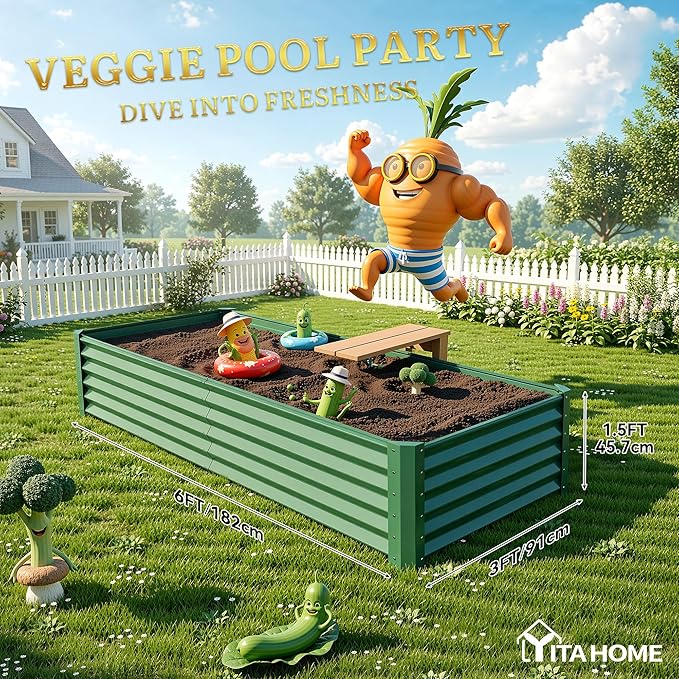 YITAHOME 6x3x1.5 ft Galvanized Raised Garden Bed Kit, Large Metal Planter Box with Gloves & Support Rod, Outdoor Flower Bed for Plants Vegetables, Green YITAHOME