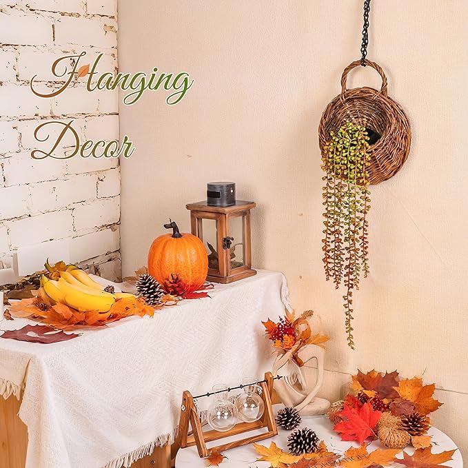 Der Rose 4Pcs Fake Fall Plants Hanging Orange Artificial Eucalyptus Plants, Boston Fern, Fake Potho, String of Pearls for Halloween Bathroom Table Centerpiece Wall Mantle Decor Indoor and Outdoor DerRose