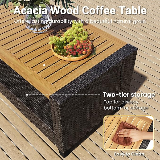 Wisteria Lane 4 Piece Patio Furniture Set, Wicker Outdoor Patio Conversation Furniture Set, All Weather Outdoor Patio Sofa with Cushion and Wood Table, Beige Wood WisteriaLane