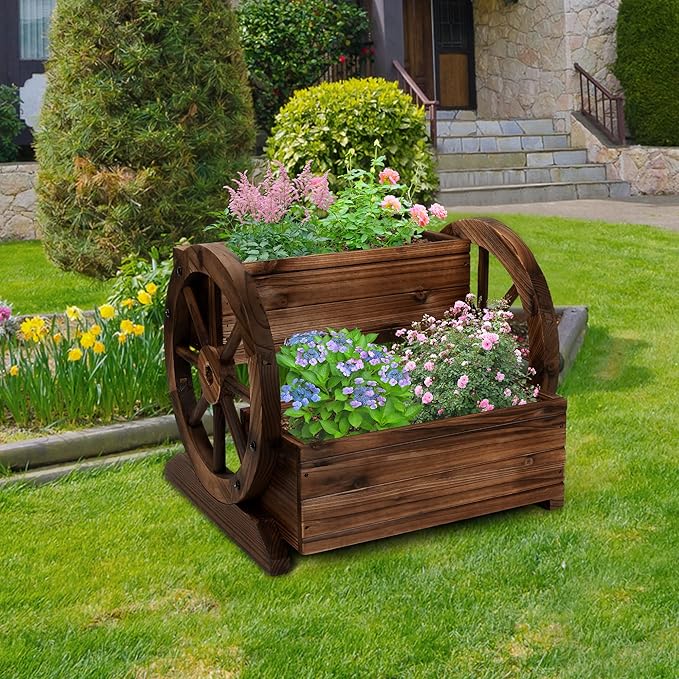 2PCS Wooden Wagon Planter Box, Garden Planter with Wheels,Decorative for Flowers Herbs Vegetables for Indoor & Outdoor Decor,Wooden Flower Cart for Patio Garden Balcony OIPRTGFJ