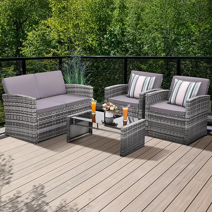 4-Piece Patio Furniture Set, Wicker Outdoor Rattan Sectional Sofa with Cushions and Glass Table, All-Weather Outdoor Conversation Set, Ideal for Garden, Porch, Backyard, Grey KROFEM