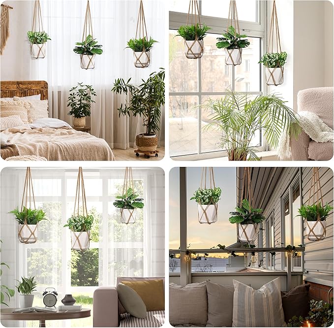 YIBOT 3 Pack Macrame Plant Hanger Indoor Hanging Planter Basket with 3 Hooks, 35"/29"/23" Crochet Plant Holder Stand No Tassels for Indoor Outdoor Boho Home Decor, Brown (POTS NOT Included) YIBOT
