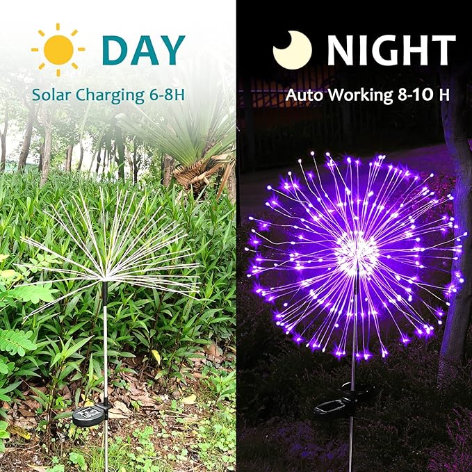 JJGoo Solar Firework Lights, 2 Pack 180 LEDs 2 Lighting Modes Solar Lights Outdoor Waterproof for Garden Patio Walkway Pathway Party Wedding Christmas Decorative - Purple JJGoo
