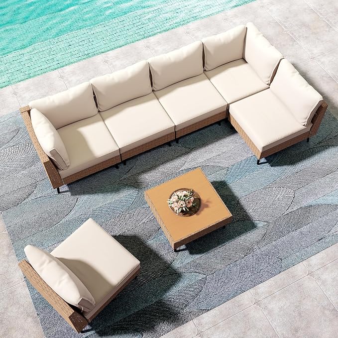LAUSAINT HOME Outdoor Patio Furniture, 7 Piece Outdoor Sectional Sofa PE Rattan Wicker Patio Conversation Sets, All Weather Patio Furniture Set with Thick Cushions for Garden, Backyard(Beige) LAUSAINTHOME