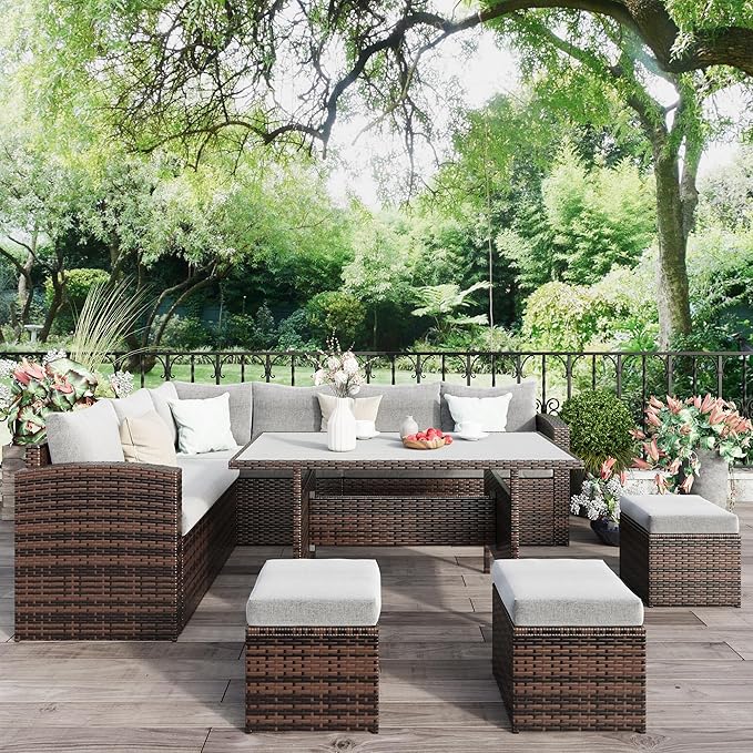 Wisteria Lane 7 Piece Patio Furniture Set, Wicker Patio Sectional with Wide Armrest, All Weather Outdoor Dining Set, Outdoor Furniture Patio Conversation Set with Ottoman, Grey WisteriaLane