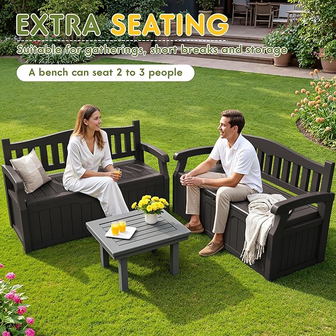 Greesum 80 Gallon Storage Bench Outdoor Deck Box with Armrest, Patio Furniture,Lockable, Waterproof and UV Resistant, Suitable for Garden, Pool, Brown BuynowfromGreesum