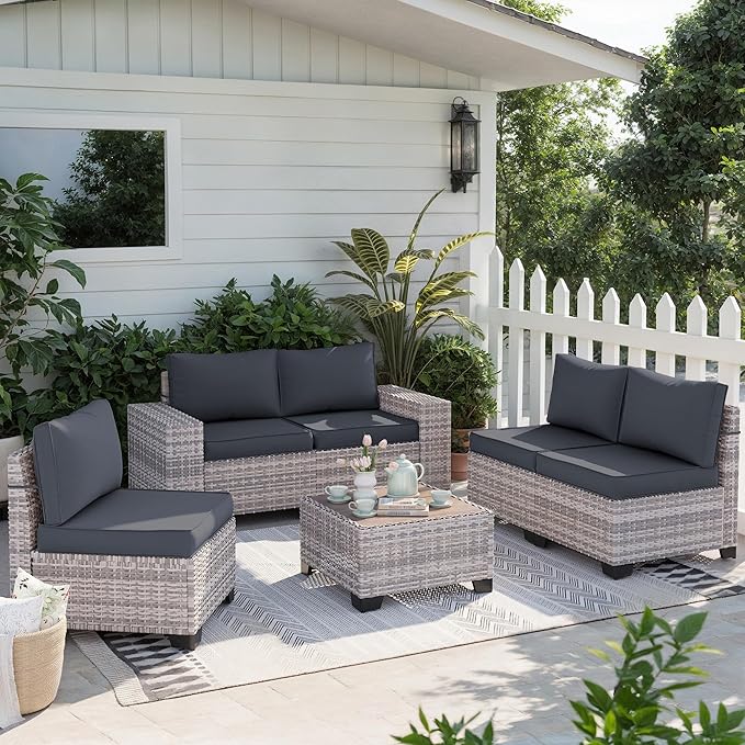 6-Piece Outdoor Patio Furniture Set Wicker Sectional Sofa Set, Patio Conversation Set with Thickened Cushions & Coffee Table for Garden, Backyard, Poolside, Dark Grey MuphyersPatioFurniture