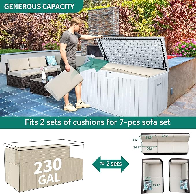 YITAHOME XXL 230 Gallon Large Deck Box,Outdoor Storage for Patio Furniture Cushions,Garden Tools with Flexible Divider,Waterproof,Lockable (White) YITAHOME