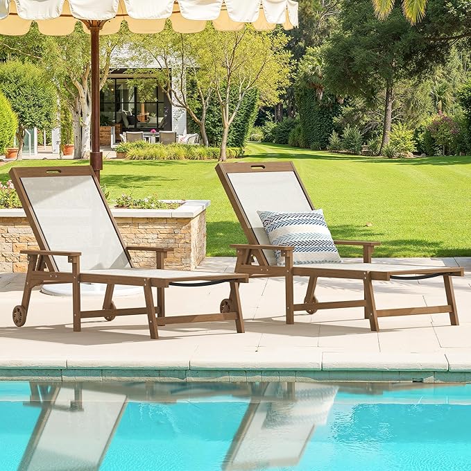 LUE BONA Chaise Lounge Chair Outdoor Set of 2, HDPS and HDPE Wicker Chaise Lounger with 5 Positions, Pool Lounge Chairs with Wheels and Adjustable Backrest for Patio, Poolside, Deck, Backyard LUEBONA