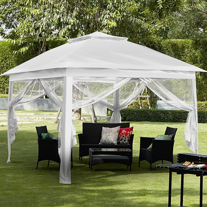 GDY 11x11 Pop Up Canopy Tent, Outdoor Canopy with Netting, Outdoor Gazebo for Backyard, Tent with Hand Bag, White. GDY