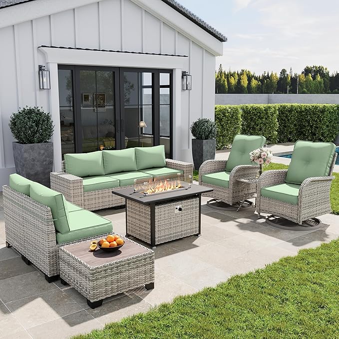 10-Piece Outdoor Patio Furniture Set with Rocking Swivel Chair, PE Wicker Rattan Sectional Sofa Patio Conversation Set with 55,000 BTU Fire Pit Table & Coffee Table, Light Green MuphyersPatioFurniture