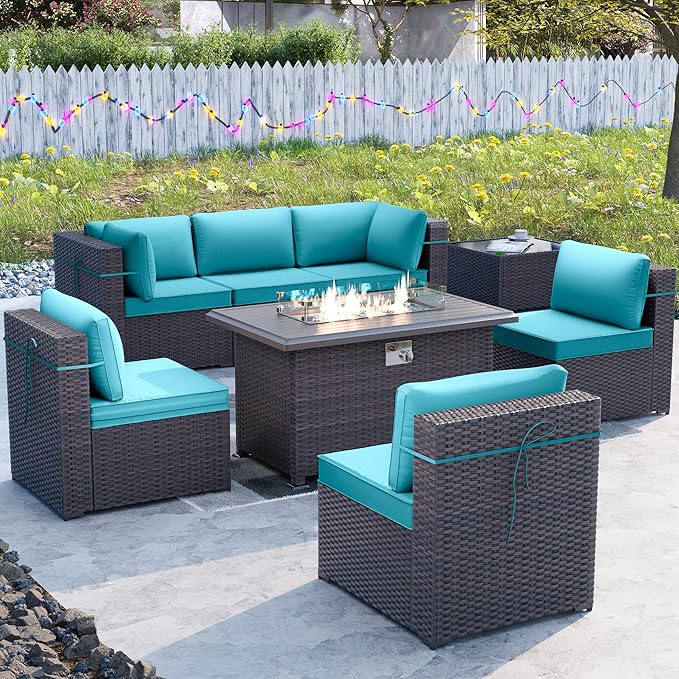 Kullavik 8 Pieces Outdoor Patio Furniture Set with 43" 55000BTU Gas Propane Fire Pit Table PE Wicker Rattan Sectional Sofa Patio Conversation Sets,Blue KULLAVIK