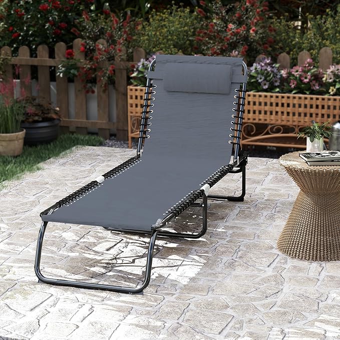 Outsunny Folding Chaise Lounge Chair, Patio Sun Tanning Chair, Outdoor Chaise Lounger with 4-Position Reclining Back, Breathable Mesh Seat for Beach, Poolside, Yard, Gray Outsunny