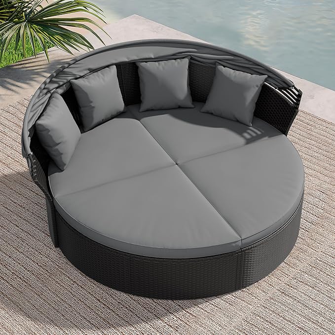 Crownland Outdoor Round Daybed with Retractable Canopy, Patio Daybed with Washable Cushions, Clamshell Sectional Seating, Black Wicker Furniture for Garden, Patio, Pool (Grey,Gray) Crownland