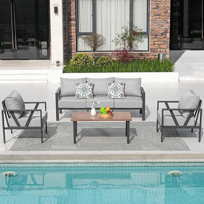 Outdoor Patio Furniture Set, 4 Pieces Metal Patio Furniture Set with Coffee Table, Modern Outdoor Patio Conversation Seating Set with 6” Thick Cushions, Light Grey COMLAXFIELD