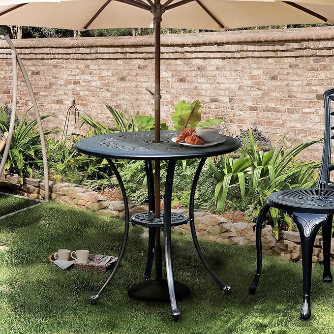 DWVO 25 Inches Round Patio Dining Table with Umbrella Hole, Antique Cast Aluminum Outdoor Bistro Table Outdoor Side Table for Backyard, Garden, Patio, Porch, Hammered Bronze DWVO