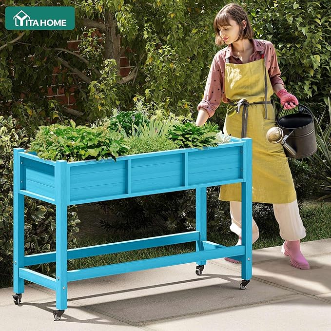 YITAHOME Raised Garden Bed HDPE, 47x18x31In Raised Flower Bed Poly-Wood Weather-Resistant Elevated Planter Box with Lockable Wheels for Vegetables, Aruba Blue YITAHOME