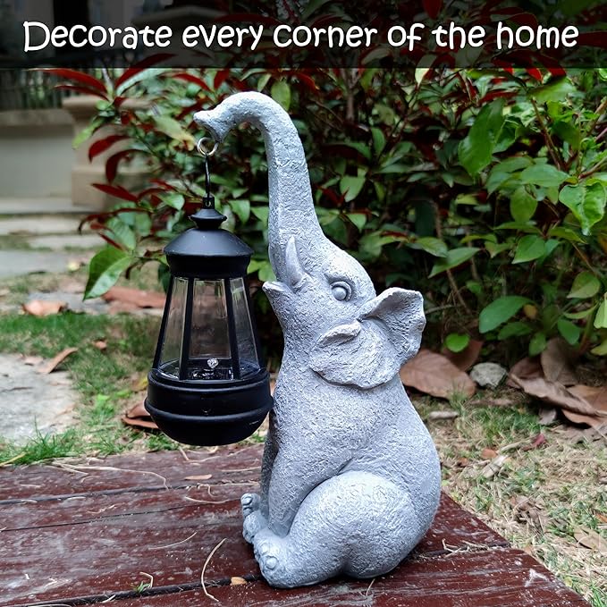 Elephant Solar Garden Statues,Resin Elephant Figurine Decorations with Solar Lights Lantern, Outdoor Figurines Lawn Garden Statue Decor Art for Lawn,Yard, Balcony Ornament. Qobumy