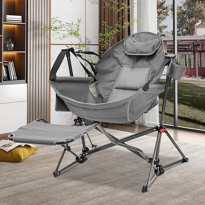 Ainfox Hammock Camping Chair with Footrest, Foldable Portable Rocking Chairs for Adults Outside Swinging Camp with Cup Holder Pillow for Outdoor Patio Poolside (Dark Grey) Ainfox