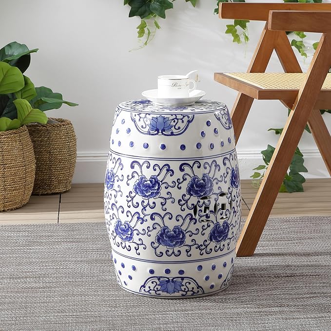 JONATHAN Y TBL1000A Lotus Flower 17.8" Chinoiserie Ceramic Drum Indoor/Outdoor Garden Stool Bohemian, Coastal, Classic, Cottage, French Country, Traditional, Bathroom, Garden Room, Patio, Blue/White JONATHANY