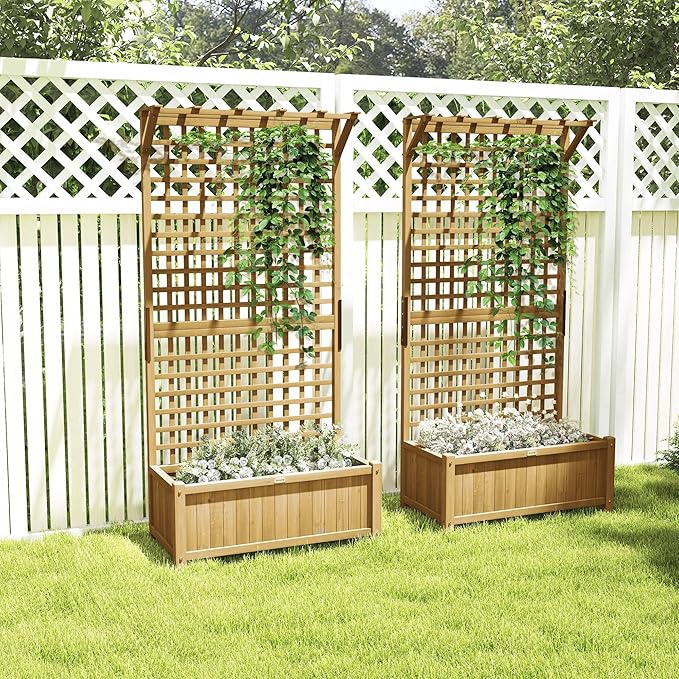 Outsunny Wood Planter with Trellis, Raised Garden Bed for Climbing Plants with Drainage Holes and Roof, 35.5 x 17.75 x 72 Inch, Pack of 2, Yellow Outsunny