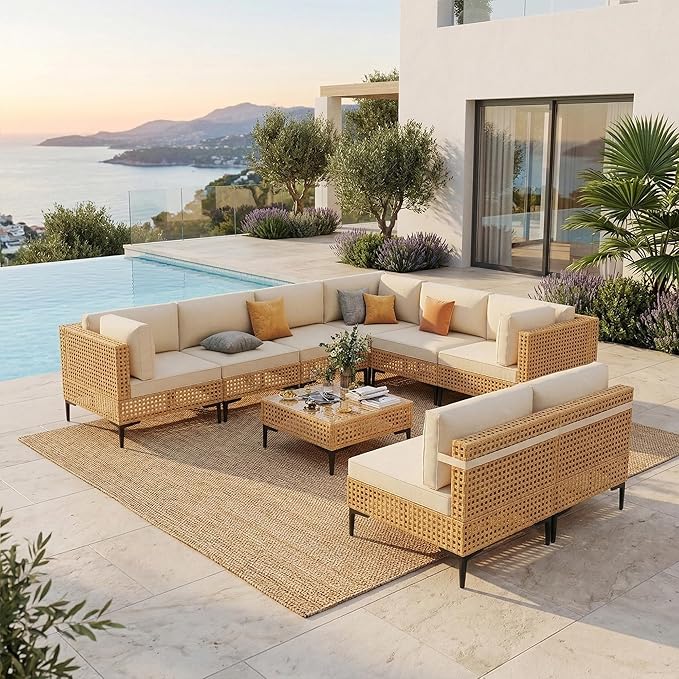 ABCASA Patio Furniture Set, 110" Large 9-Piece Wicker Outdoor Patio Furniture Sets with Anti-Slip Cushions & Coffee Table,Boho Patio Conversation Set Sectional Sofa for Backyard,Porch,Deck,Beige ABCASA