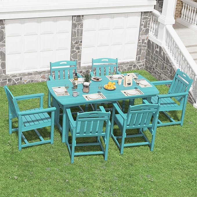 HDPE Outdoor Dining Set, Patio Table and Chairs Set, All-Weather 7-Piece Outside Table and 6 Chairs, 2" Umbrella Hole, Outdoor Furniture for Garden, Poolside, Backyard, Deck | Lake Blue Rootora