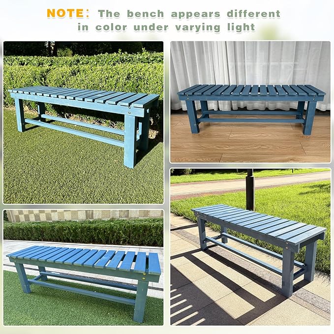 Outdoor Garden Wood Bench, 2-Person Weatherproof Wooden Bench Park Narrow Bench, Never Rot or Fade Waterproof Backless Bench for Entryway, Outdoor, Patio, Porch, Backyard and Park (Blue, 35.5''/90cm) LSPYYDS