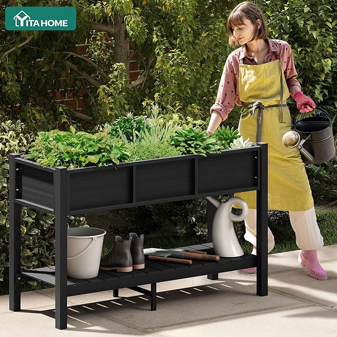 YITAHOME 48x18x30in Raised Garden Bed HDPE, Weather-Resistant Poly Lumber Planter Box with Legs & Storage Shelf, Elevated Garden Bed for Yard, Garden, Balcony - Black YITAHOME