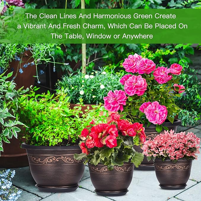 Plastic-Plant-Flower-Planters-8 Inch With Drainage Hole & Saucer, 6 Packs Lightweight Small Resin Flower Pot Indoor Outdoor, Retro Antique Imitation Decorative Garden Containers Sets For Houseplants Pottiffe
