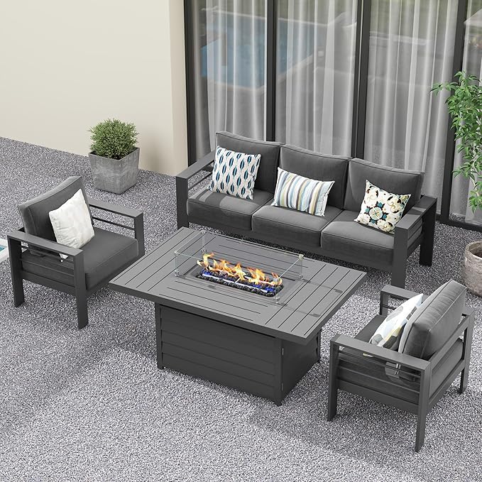 Solaste Aluminum Patio Furniture Set with Fire Pit Table, 4 Piece Metal Outdoor Furniture with Water-Resistant Cushions, Modern Patio Conversation Set for Balcony, Front Porch, and Backyard, Grey Solaste
