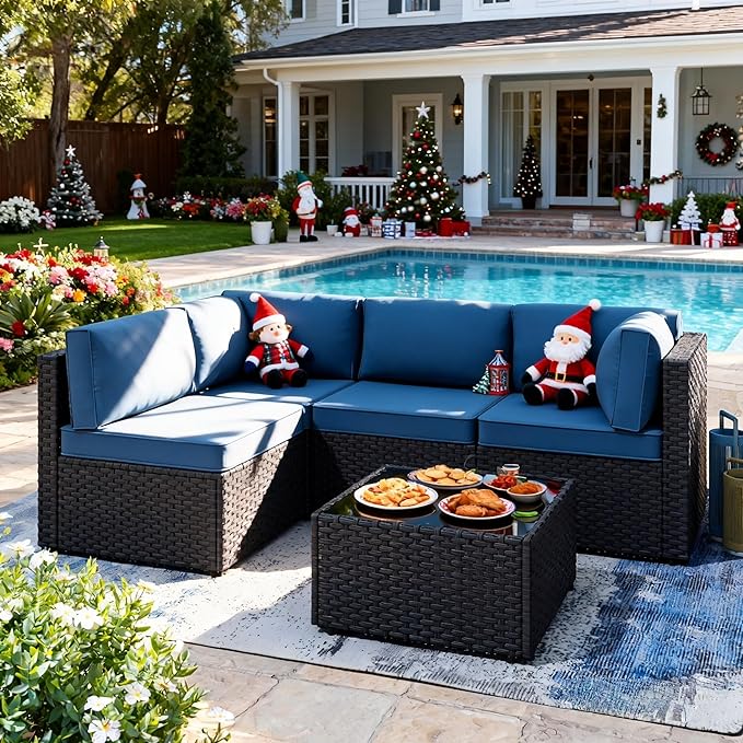 SUNLEI 5 Piece Patio Furniture Sets, Low Back All-Weather Rattan Sectional Sofa with Tea Table&Washable Couch Cushions, Patio Furniture Sets, Black Rattan SUNLEI