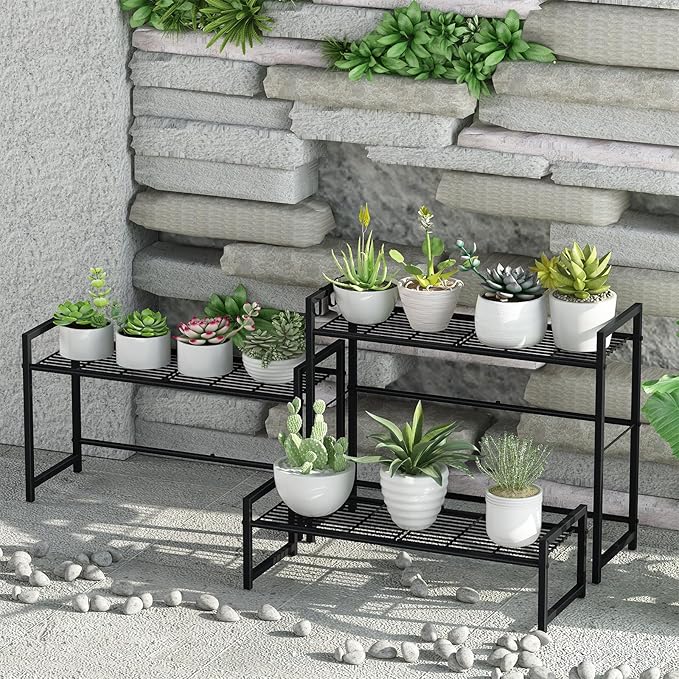 Garden 4 you 3 Tier Metal Plant Stand Outdoor Indoor Waterproof, Stackable Heavy Duty Tall Plant Shelf Flower Pot Holder for Garden, Display Rack, Black Garden4you