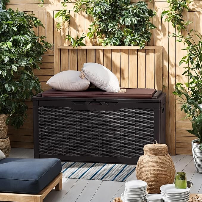 Flamaker Deck Box with Cushion 100 Gallon Waterproof Resin Storage Box with Air Rod Indoor Outdoor Lockable Storage Bench for Patio Furniture, Tools, Pool Accessories (Deep Brown) Flamaker