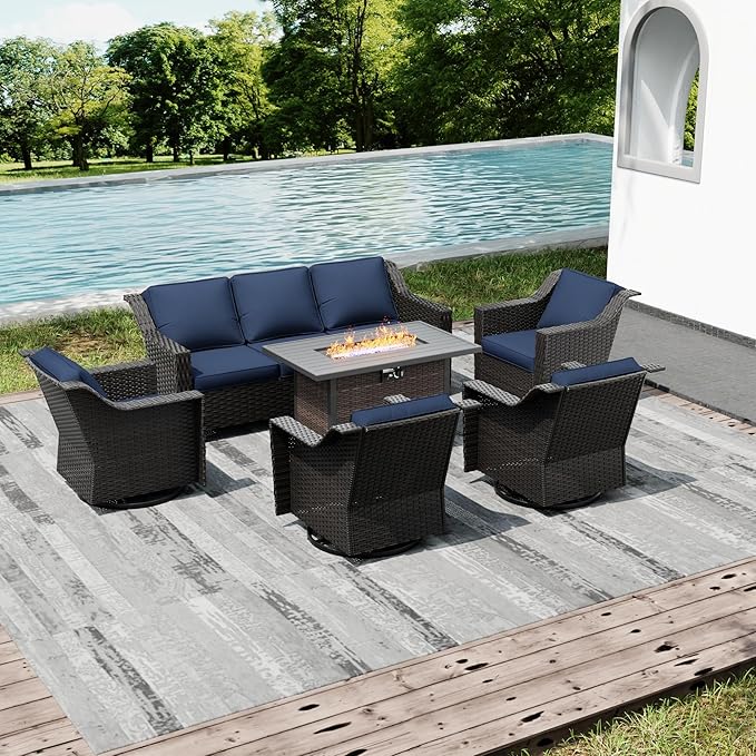 Joyside Wicker Patio Furniture Sets, 8 Pieces Upgraded Large Size Outdoor Furniture with 4 Swivel Rocking Patio Chairs, 3-Seat Sofa, Fire Table, Coffee Table, Thick Cushions, Wide Armrest, Blue Joyside