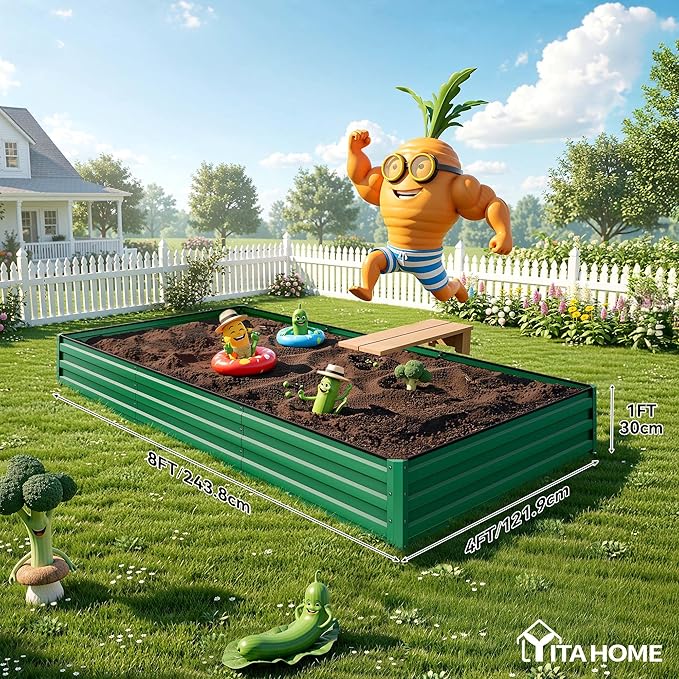 YITAHOME 8x4x1ft 2pcs Large Raised Garden Bed Kit, Galvanized Metal Planter Box with Gloves, Ground Nails & Safety Rubber, Outdoor Above Ground Planters for Plants Vegetables Flowers, Green YITAHOME